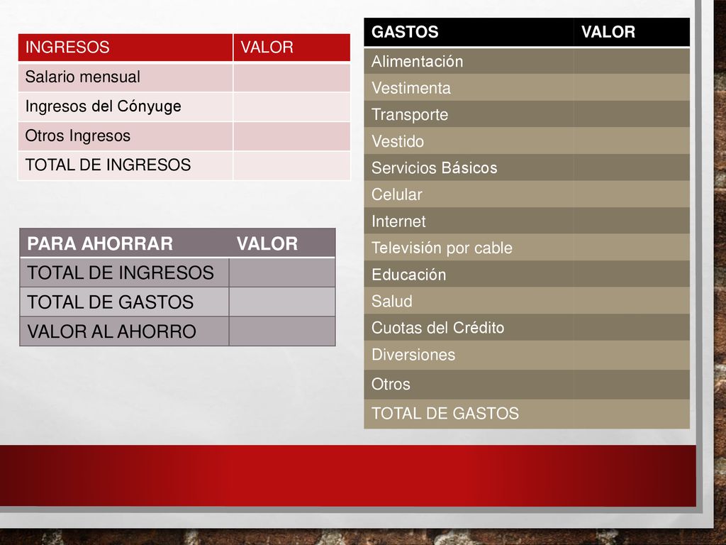 PARA AHORRAR VALOR TOTAL DE INGRESOS TOTAL DE GASTOS VALOR AL AHORRO