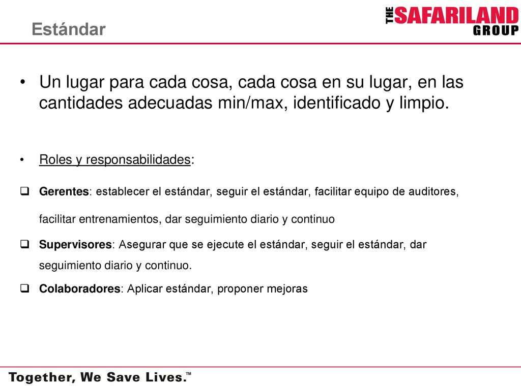 Estándar Un lugar para cada cosa, cada cosa en su lugar, en las cantidades adecuadas min/max, identificado y limpio.
