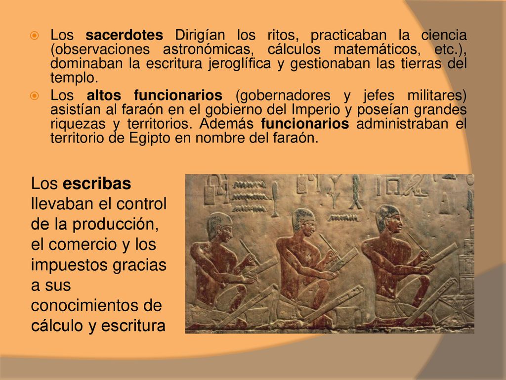 Los sacerdotes Dirigían los ritos, practicaban la ciencia (observaciones astronómicas, cálculos matemáticos, etc.), dominaban la escritura jeroglífica y gestionaban las tierras del templo.