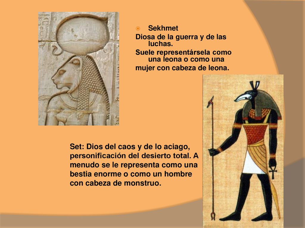 Sekhmet Diosa de la guerra y de las luchas. Suele representársela como una leona o como una. mujer con cabeza de leona.