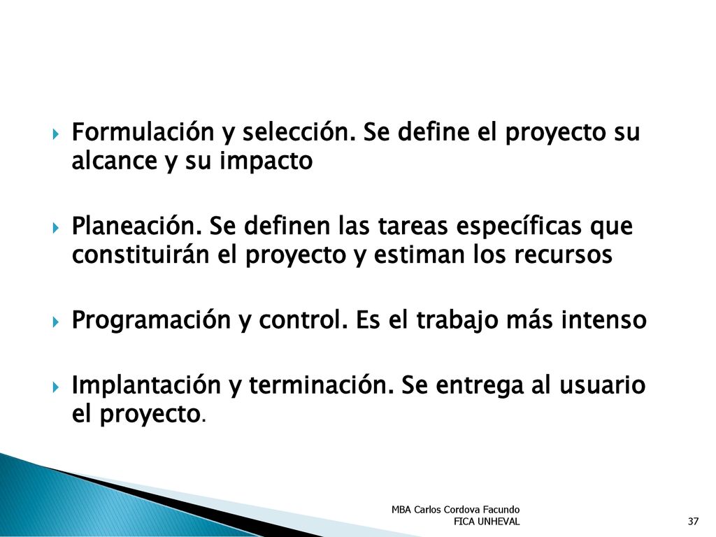 Formulación y selección. Se define el proyecto su alcance y su impacto
