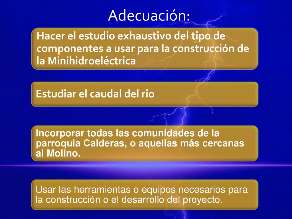 Adecuación: Hacer el estudio exhaustivo del tipo de componentes a usar para la construcción de la Minihidroeléctrica.