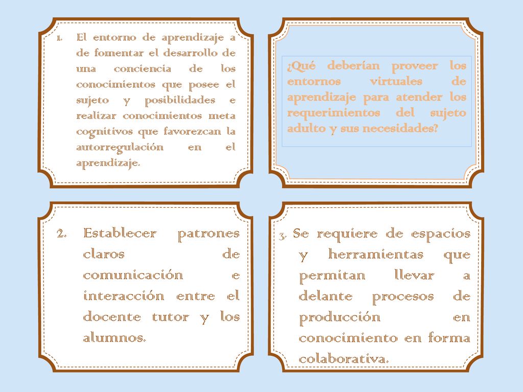 El entorno de aprendizaje a de fomentar el desarrollo de una conciencia de los conocimientos que posee el sujeto y posibilidades e realizar conocimientos meta cognitivos que favorezcan la autorregulación en el aprendizaje.