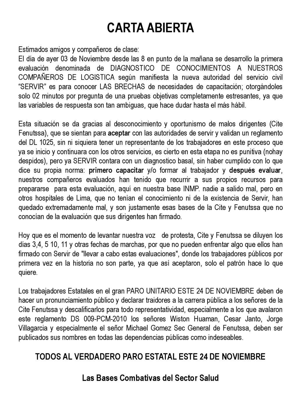 CARTA ABIERTA TODOS AL VERDADERO PARO ESTATAL ESTE 24 DE NOVIEMBRE