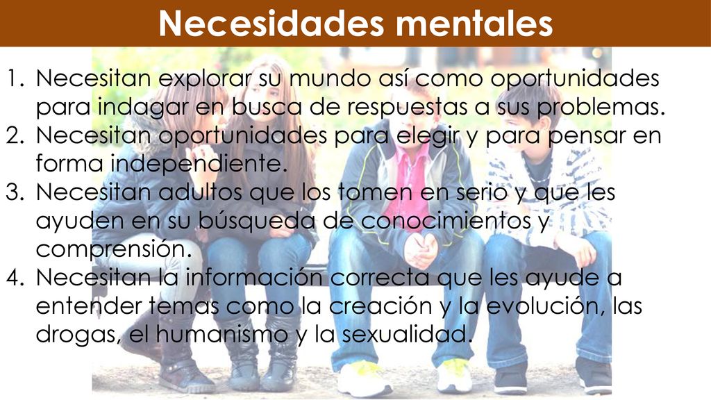 Necesidades mentales Necesitan explorar su mundo así como oportunidades para indagar en busca de respuestas a sus problemas.