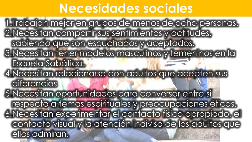 Necesidades sociales Trabajan mejor en grupos de menos de ocho personas.