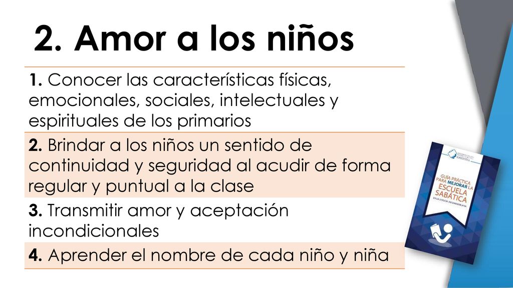 2. Amor a los niños 1. Conocer las características físicas, emocionales, sociales, intelectuales y espirituales de los primarios.