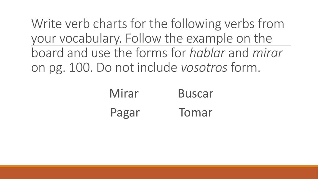 Write verb charts for the following verbs from your vocabulary