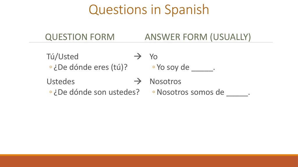 Questions in Spanish Question form Answer form (usually) Tú/Usted 