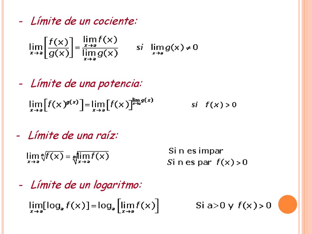 Límite de un cociente: Límite de una potencia: Límite de una raíz: Límite de un logaritmo: