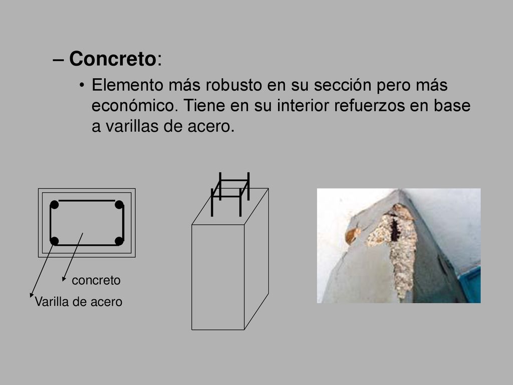 Concreto: Elemento más robusto en su sección pero más económico. Tiene en su interior refuerzos en base a varillas de acero.