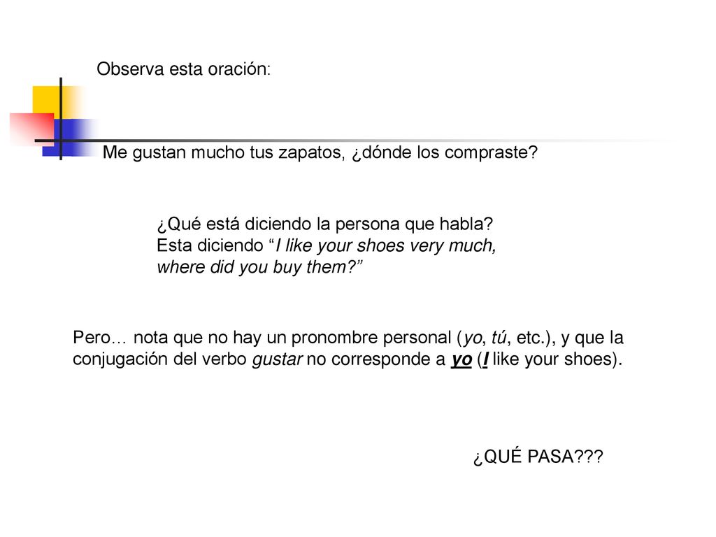 Observa esta oración: Me gustan mucho tus zapatos, ¿dónde los compraste