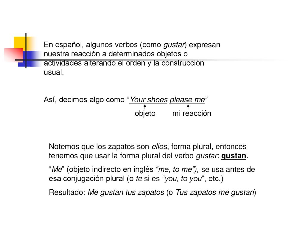 En español, algunos verbos (como gustar) expresan nuestra reacción a determinados objetos o actividades alterando el orden y la construcción usual.