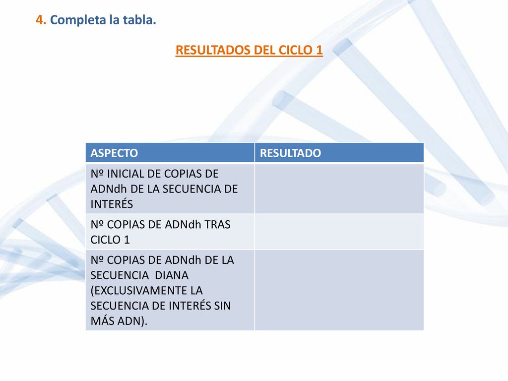4. Completa la tabla. RESULTADOS DEL CICLO 1 ASPECTO RESULTADO