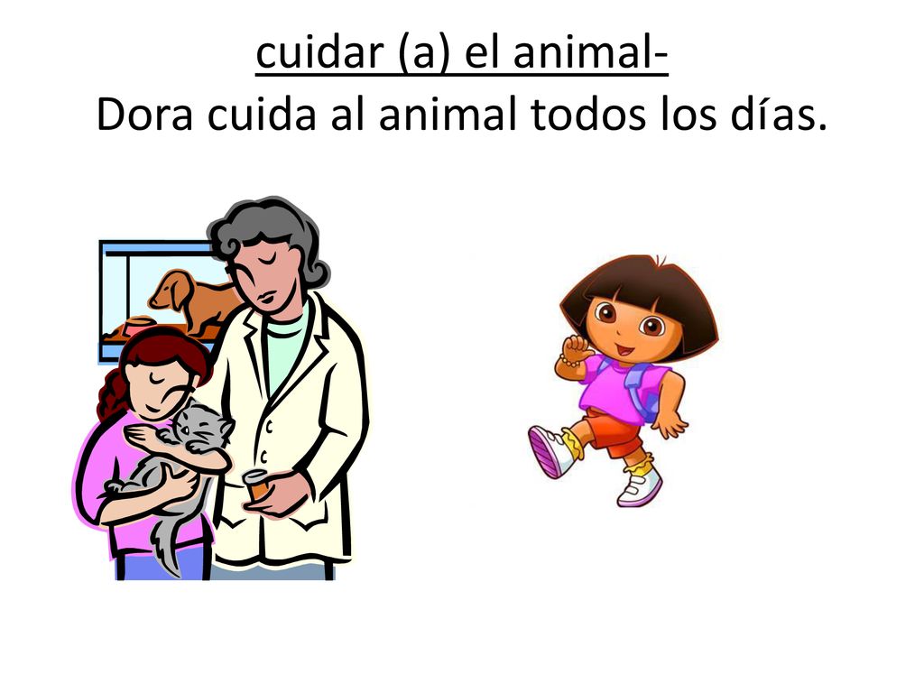 cuidar (a) el animal- Dora cuida al animal todos los días.