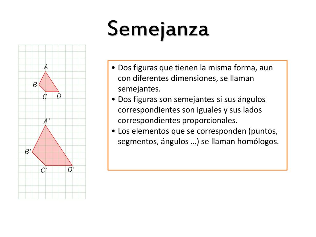 Semejanza Dos figuras que tienen la misma forma, aun con diferentes dimensiones, se llaman semejantes.