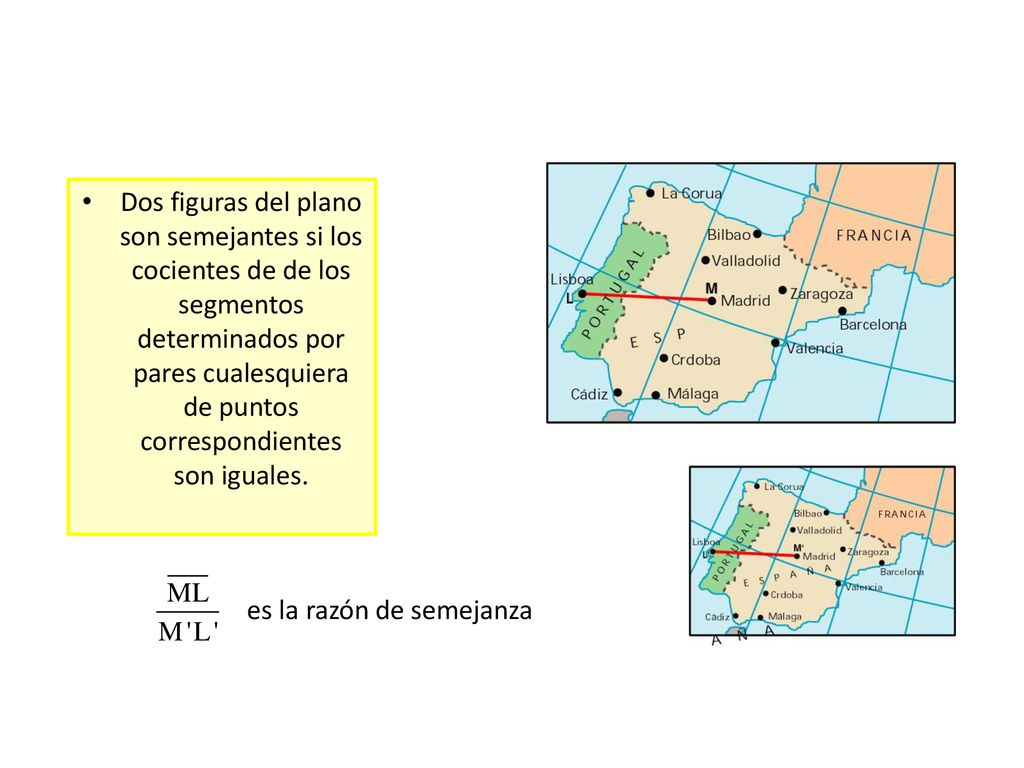 Dos figuras del plano son semejantes si los cocientes de de los segmentos determinados por pares cualesquiera de puntos correspondientes son iguales.
