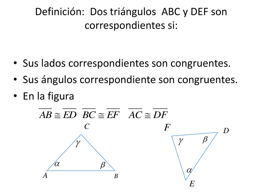 Definición: Dos triángulos ABC y DEF son correspondientes si: