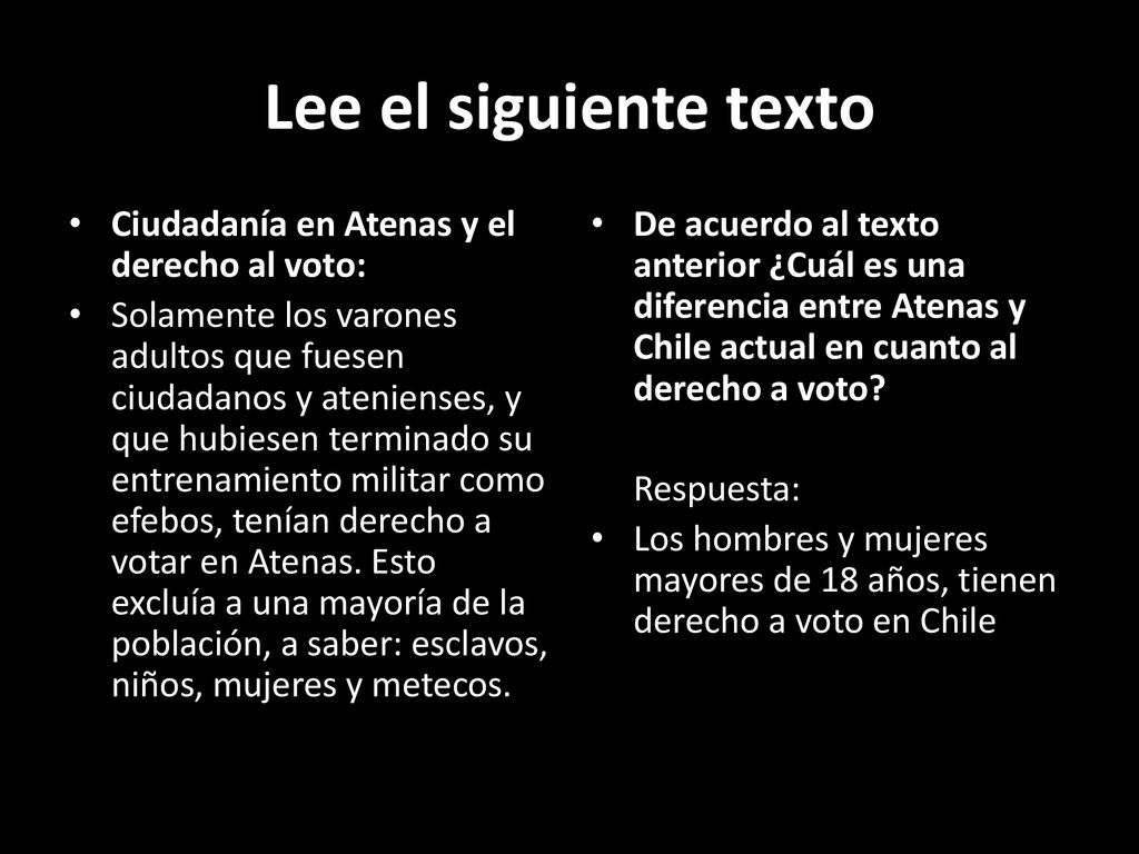 Lee el siguiente texto Ciudadanía en Atenas y el derecho al voto: