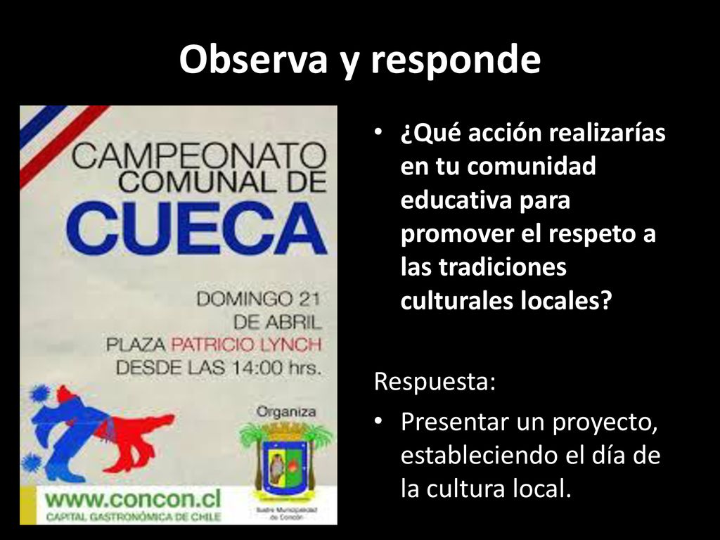 Observa y responde ¿Qué acción realizarías en tu comunidad educativa para promover el respeto a las tradiciones culturales locales