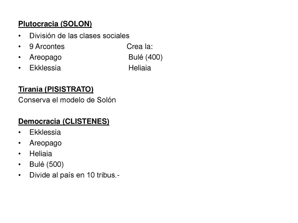 Plutocracia (SOLON) División de las clases sociales. 9 Arcontes Crea la: