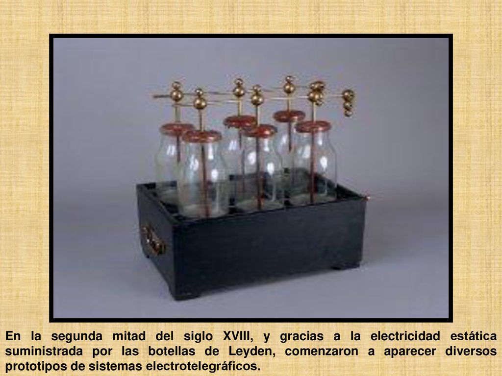En la segunda mitad del siglo XVIII, y gracias a la electricidad estática suministrada por las botellas de Leyden, comenzaron a aparecer diversos prototipos de sistemas electrotelegráficos.