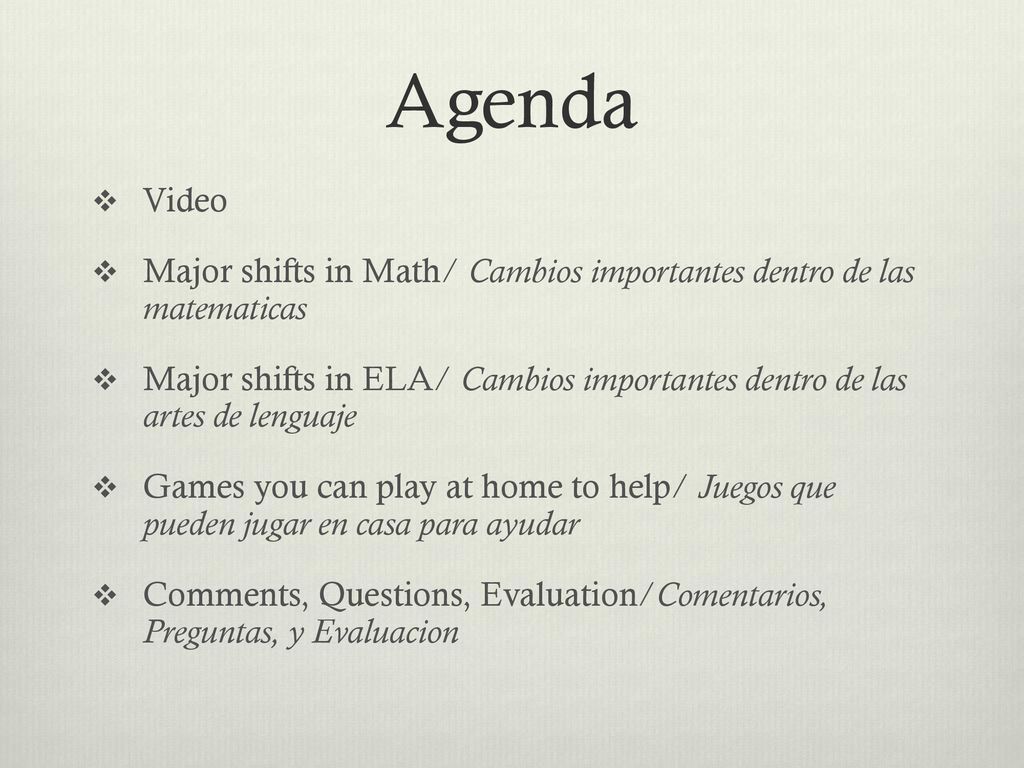 Agenda Video. Major shifts in Math/ Cambios importantes dentro de las matematicas.