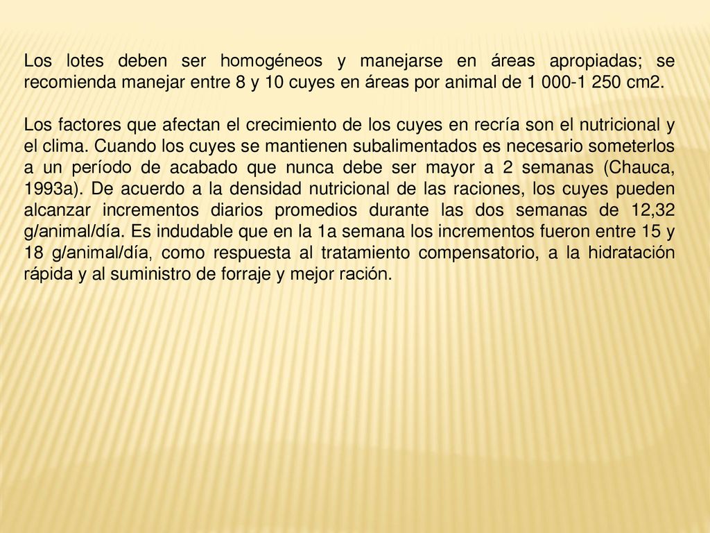 Los lotes deben ser homogéneos y manejarse en áreas apropiadas; se recomienda manejar entre 8 y 10 cuyes en áreas por animal de cm2.