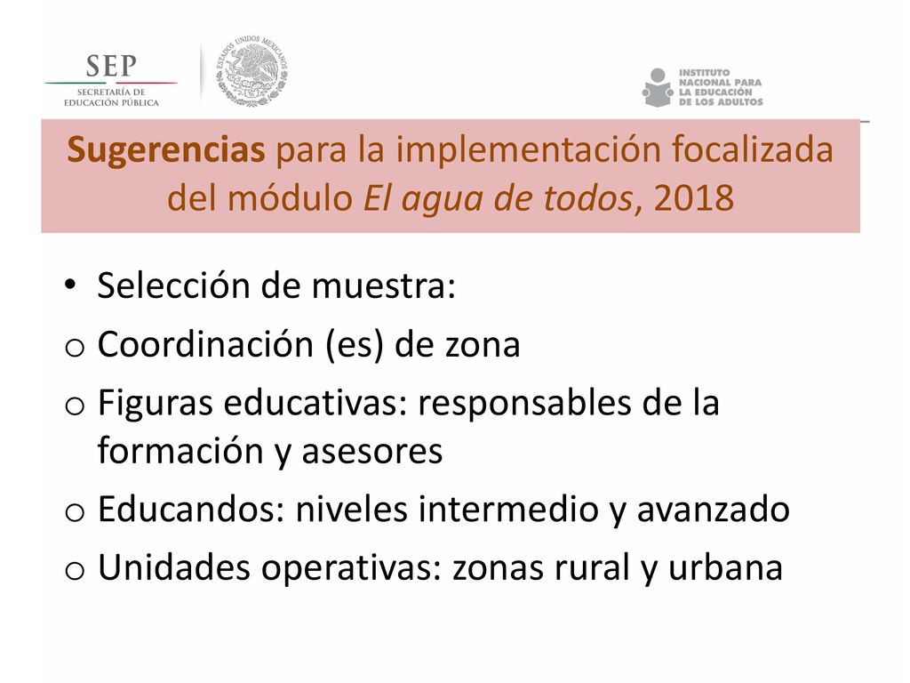 Sugerencias para la implementación focalizada del módulo El agua de todos, 2018