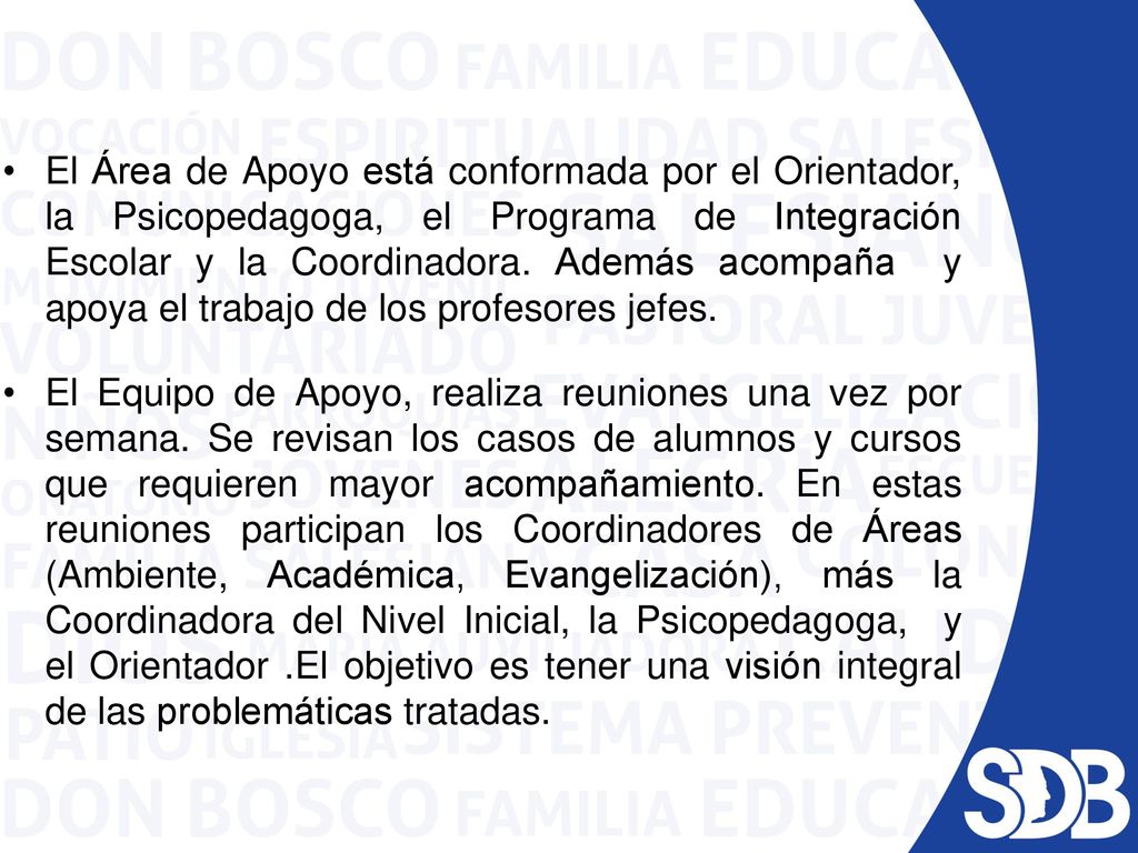 El Área de Apoyo está conformada por el Orientador, la Psicopedagoga, el Programa de Integración Escolar y la Coordinadora. Además acompaña y apoya el trabajo de los profesores jefes.