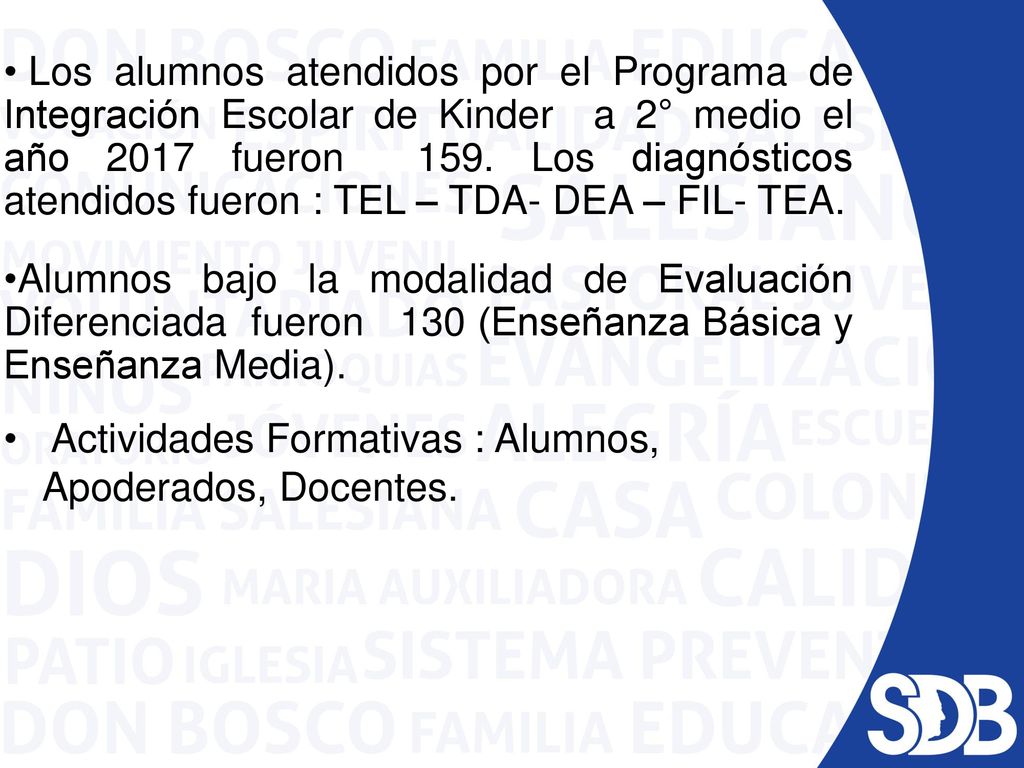 Los alumnos atendidos por el Programa de Integración Escolar de Kinder a 2° medio el año 2017 fueron 159. Los diagnósticos atendidos fueron : TEL – TDA- DEA – FIL- TEA.