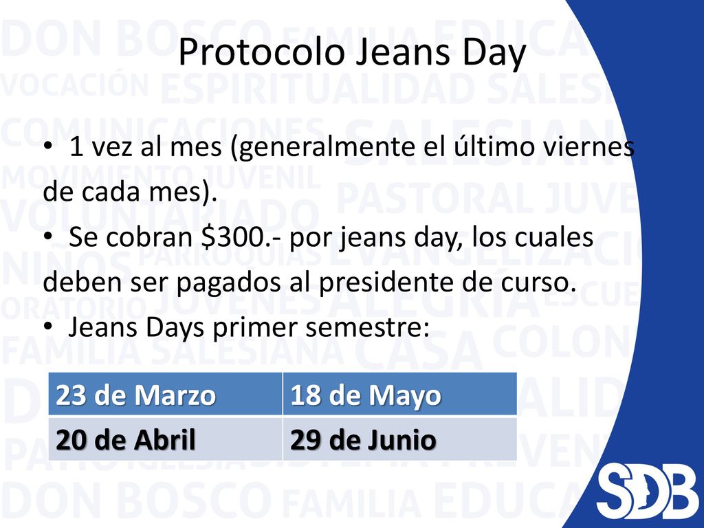 Protocolo Jeans Day 1 vez al mes (generalmente el último viernes