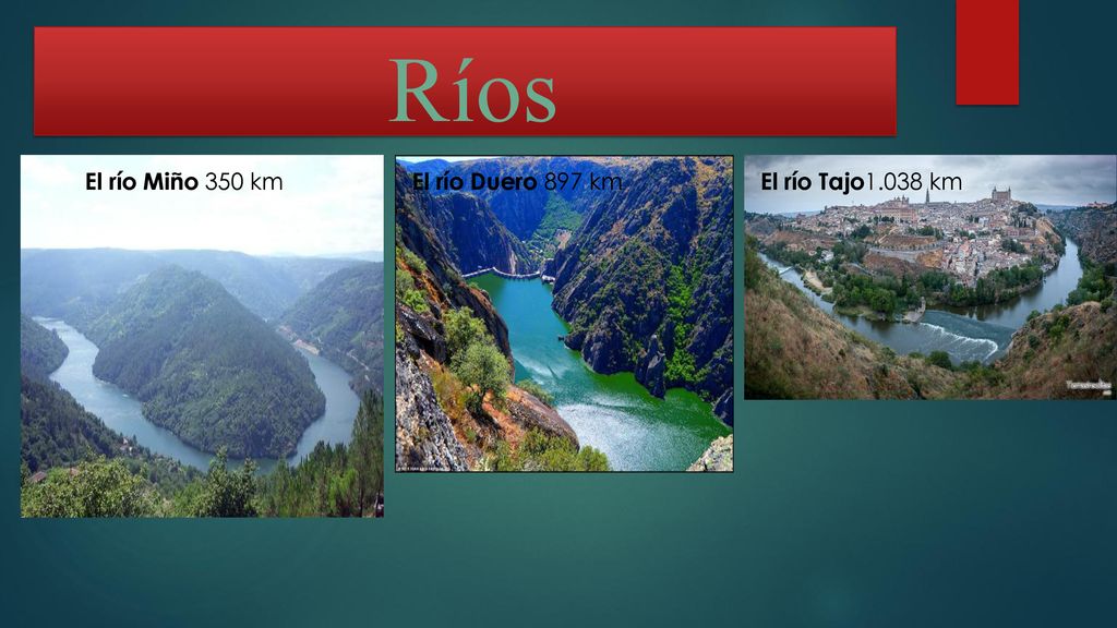 Ríos El río Miño 350 km El río Duero 897 km El río Tajo1.038 km.