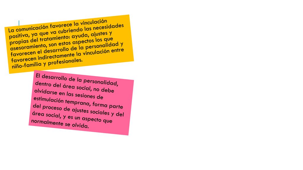 La comunicación favorece la vinculación positiva, ya que va cubriendo las necesidades propias del tratamiento: ayuda, ajustes y asesoramiento, son estos aspectos los que favorecen el desarrollo de la personalidad y favorecen indirectamente la vinculación entre niño-familia y profesionales.