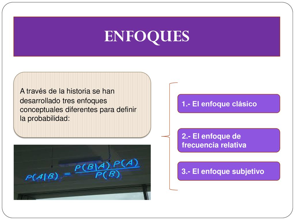 ENFOQUES A través de la historia se han desarrollado tres enfoques conceptuales diferentes para definir la probabilidad: