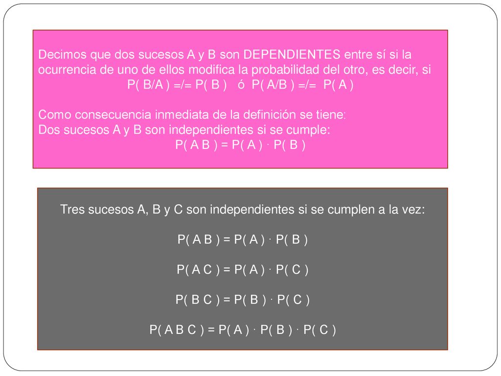 P( B/A ) =/= P( B ) ó P( A/B ) =/= P( A )