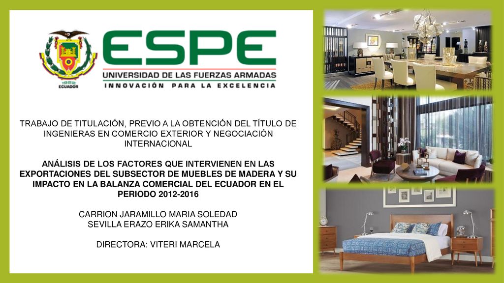 TRABAJO DE TITULACIÓN, PREVIO A LA OBTENCIÓN DEL TÍTULO DE INGENIERAS EN COMERCIO EXTERIOR Y NEGOCIACIÓN INTERNACIONAL ANÁLISIS DE LOS FACTORES QUE INTERVIENEN EN LAS EXPORTACIONES DEL SUBSECTOR DE MUEBLES DE MADERA Y SU IMPACTO EN LA BALANZA COMERCIAL DEL ECUADOR EN EL PERIODO