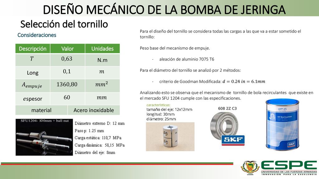 DISEÑO MECÁNICO DE LA BOMBA DE JERINGA Selección del tornillo