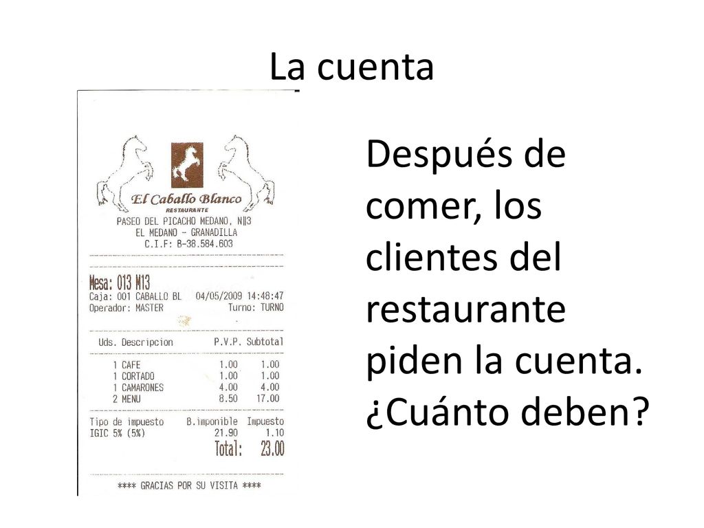 La cuenta Después de comer, los clientes del restaurante piden la cuenta. ¿Cuánto deben