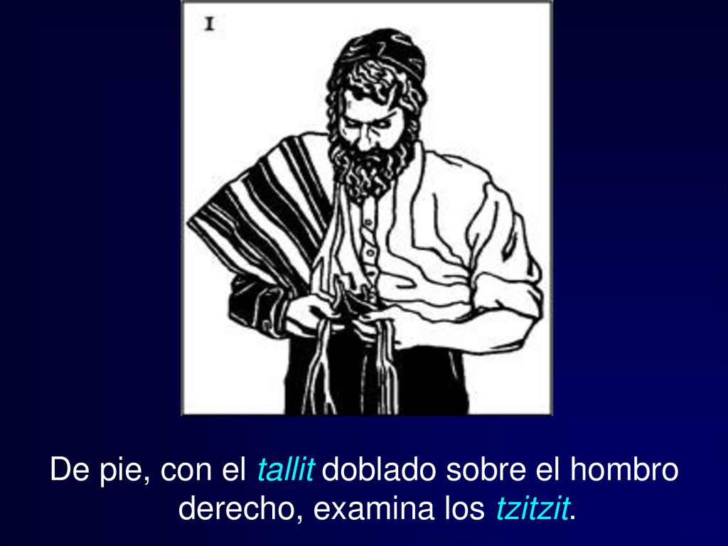 ﻿ De pie, con el tallit doblado sobre el hombro derecho, examina los tzitzit.
