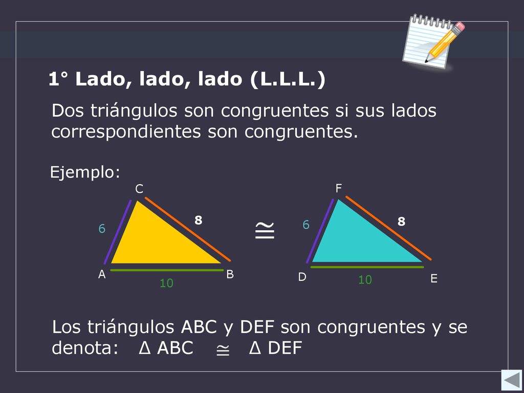 1° Lado, lado, lado (L.L.L.) Dos triángulos son congruentes si sus lados correspondientes son congruentes.