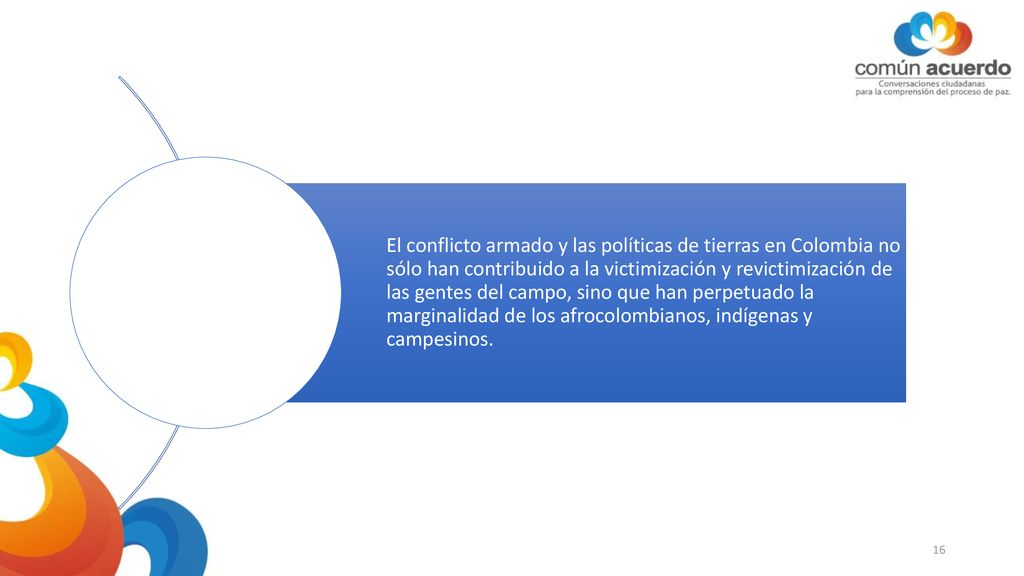 El conflicto armado y las políticas de tierras en Colombia no sólo han contribuido a la victimización y revictimización de las gentes del campo, sino que han perpetuado la marginalidad de los afrocolombianos, indígenas y campesinos.