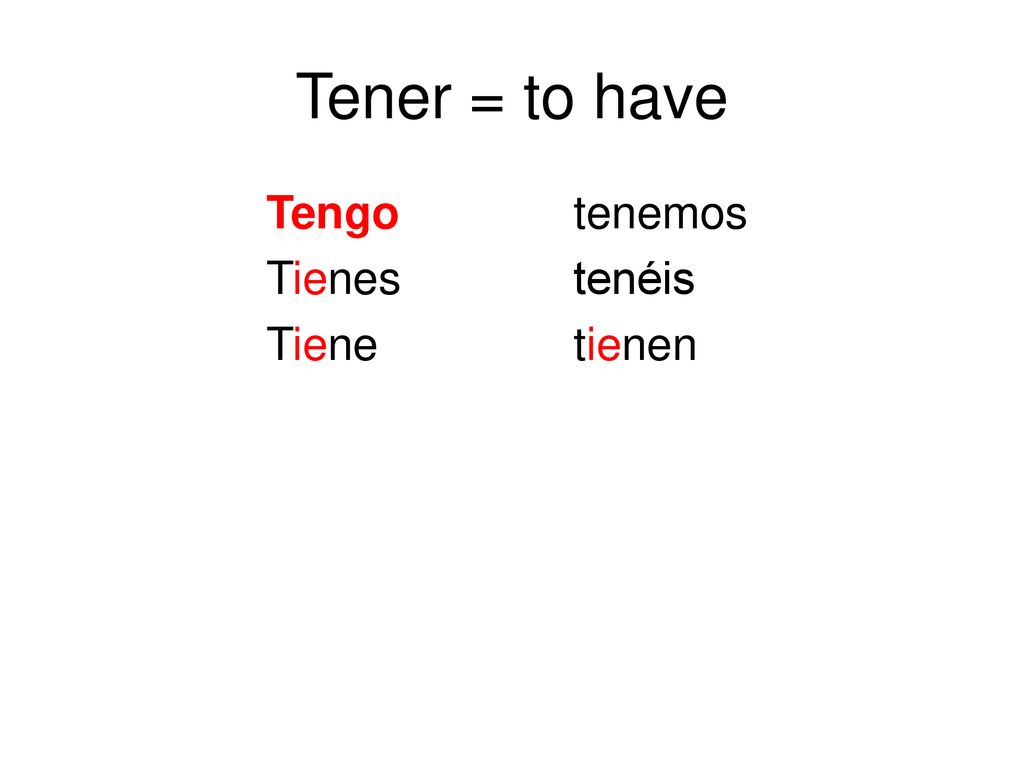 Tener = to have Tengo tenemos Tienes tenéis Tiene tienen