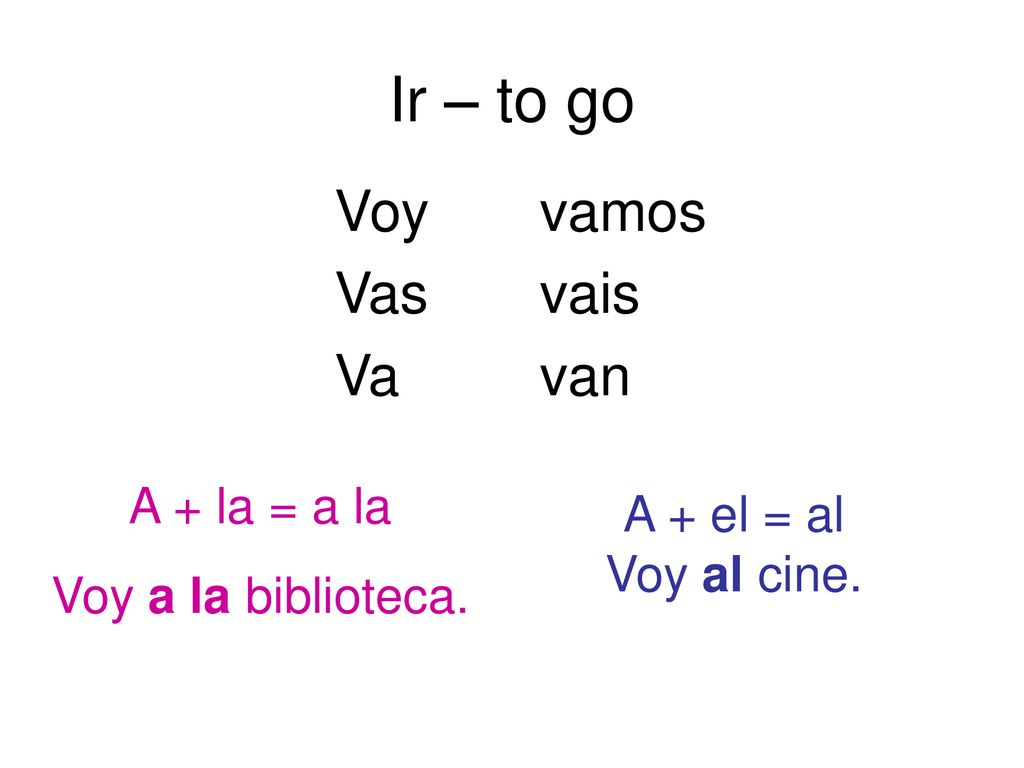 Ir – to go Voy vamos Vas vais Va van A + la = a la A + el = al