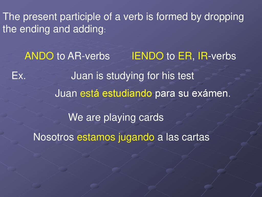 The present participle of a verb is formed by dropping the ending and adding: