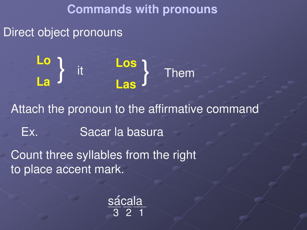 } } Commands with pronouns Direct object pronouns Lo La Los Las it