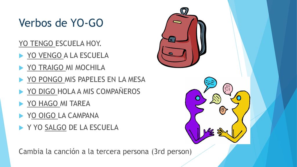 Verbos de YO-GO YO TENGO ESCUELA HOY. YO VENGO A LA ESCUELA