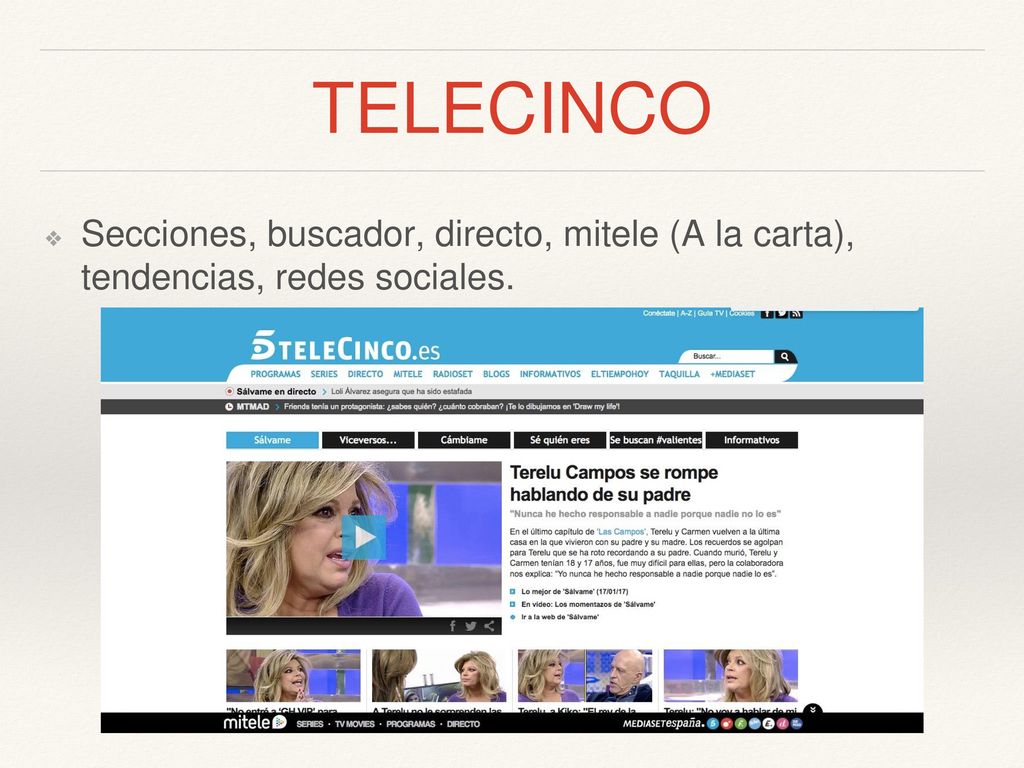 TELECINCO Secciones, buscador, directo, mitele (A la carta), tendencias, redes sociales.