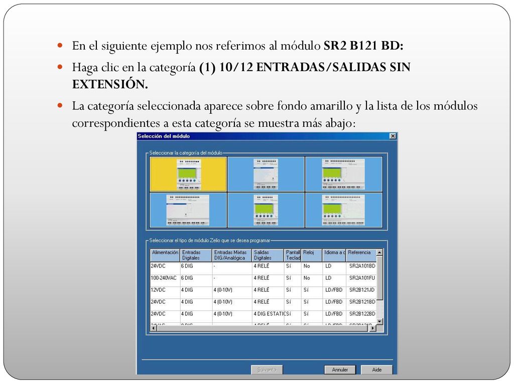 En el siguiente ejemplo nos referimos al módulo SR2 B121 BD: