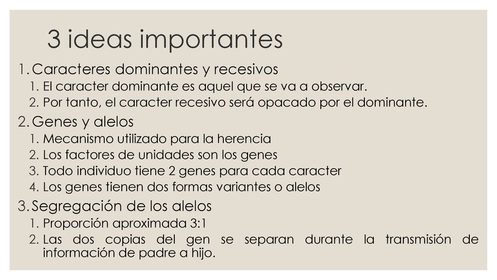 3 ideas importantes Caracteres dominantes y recesivos Genes y alelos